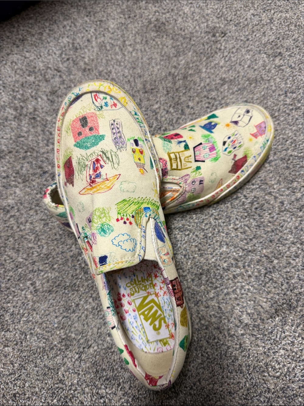 Vans Womens Slip-On Shoes in Cream with Multi-Color Doodle Print Collina Strada